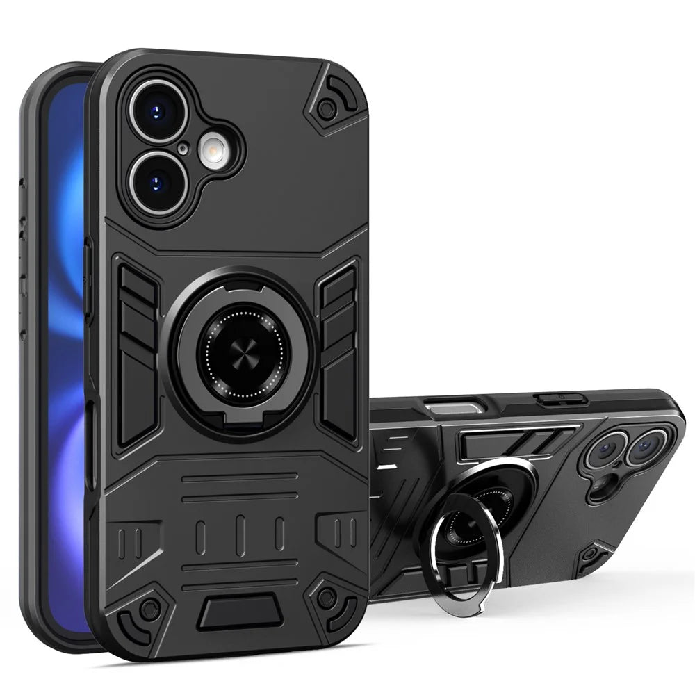 For iPhone 16 Plus Case with Ring Holder Kickstand PC + TPU Anti-Fall Phone Cover - Black - 1
