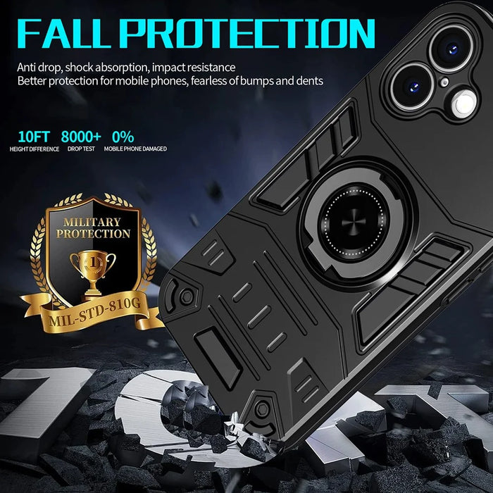 For iPhone 16 Plus Case with Ring Holder Kickstand PC + TPU Anti-Fall Phone Cover - Black - 3