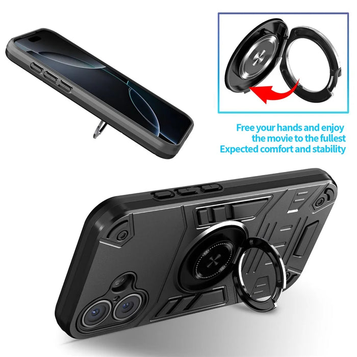 For iPhone 16 Plus Case with Ring Holder Kickstand PC + TPU Anti-Fall Phone Cover - Black - 5