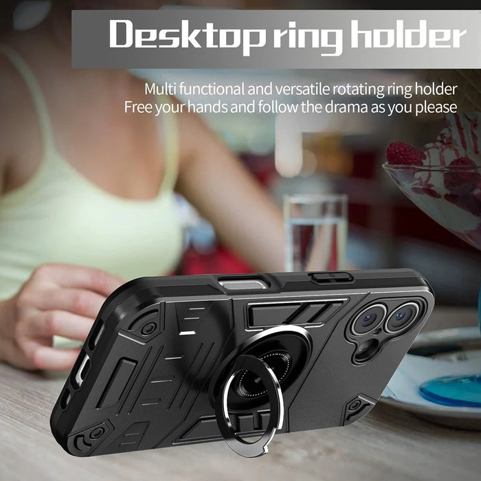 For iPhone 16 Plus Case with Ring Holder Kickstand PC + TPU Anti-Fall Phone Cover - Black - 6