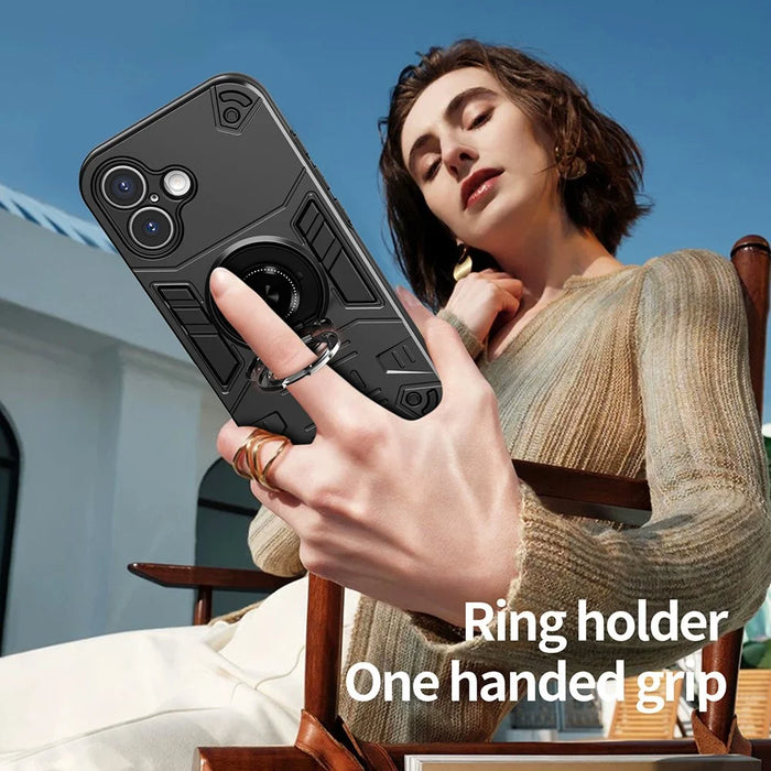 For iPhone 16 Plus Case with Ring Holder Kickstand PC + TPU Anti-Fall Phone Cover - Black - 7