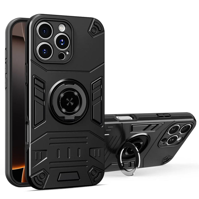For iPhone 16 Pro Max Case with Ring Holder Kickstand PC + TPU Anti-Fall Phone Cover - Black - 1