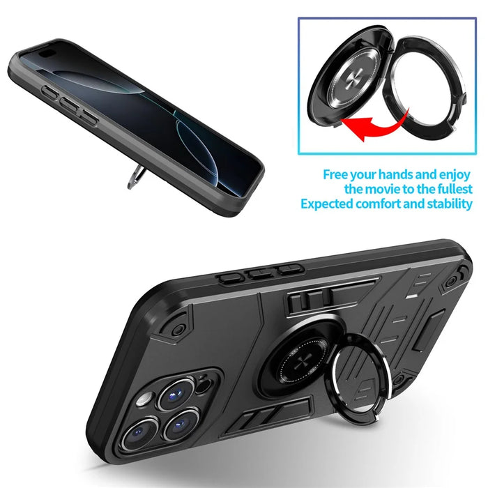 For iPhone 16 Pro Max Case with Ring Holder Kickstand PC + TPU Anti-Fall Phone Cover - Black - 5