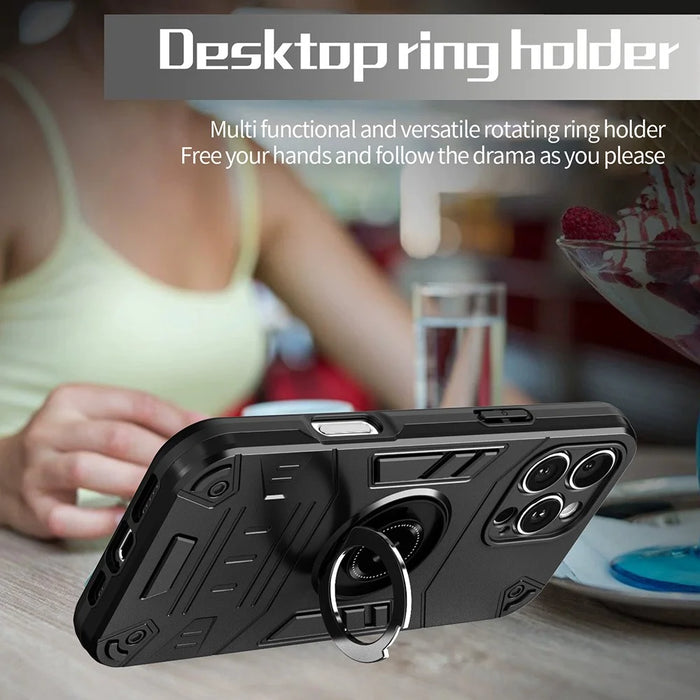 For iPhone 16 Pro Max Case with Ring Holder Kickstand PC + TPU Anti-Fall Phone Cover - Black - 6