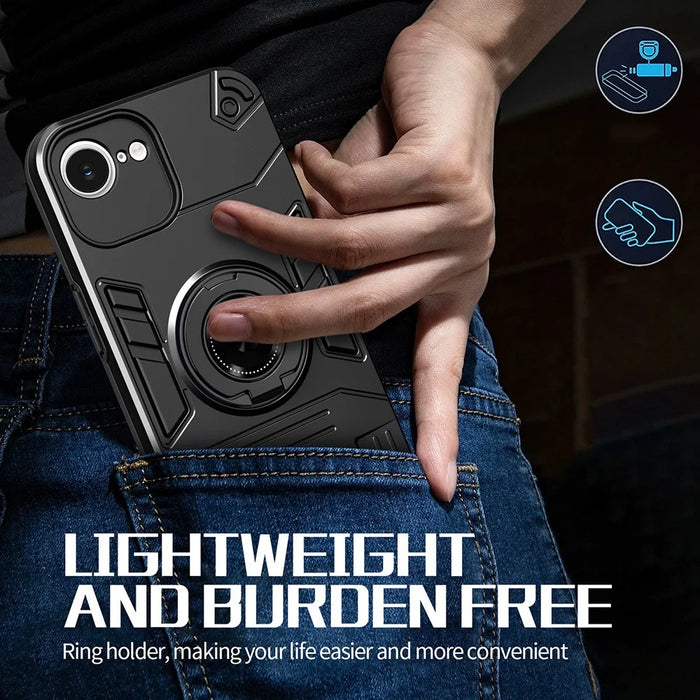 For iPhone 17e / 16e Case with Ring Holder Kickstand PC + TPU Anti-Fall Phone Cover - Black - 4
