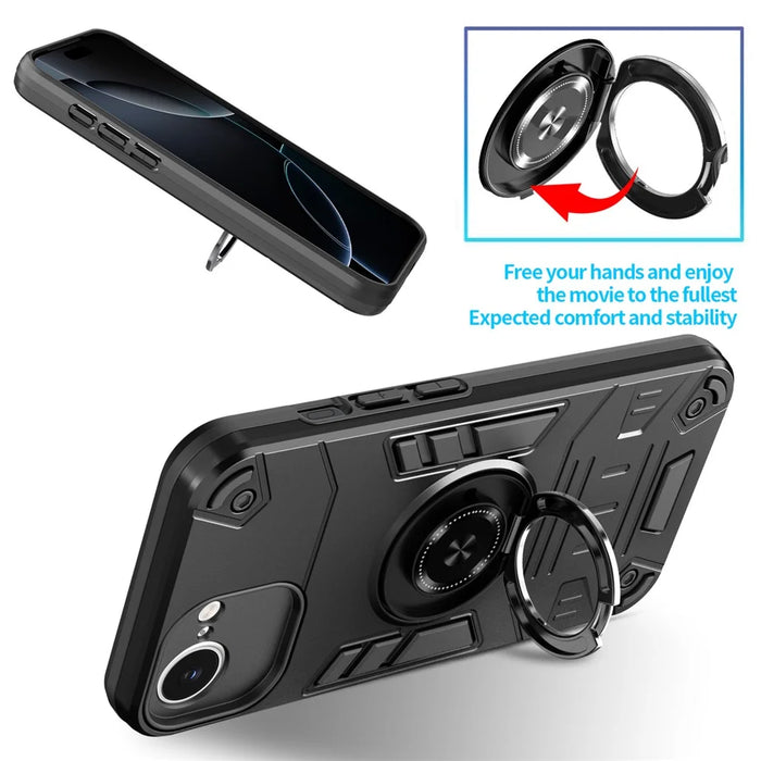 For iPhone 17e / 16e Case with Ring Holder Kickstand PC + TPU Anti-Fall Phone Cover - Black - 5