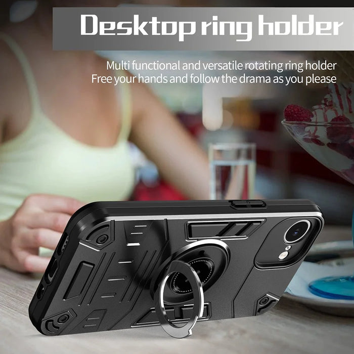 For iPhone 17e / 16e Case with Ring Holder Kickstand PC + TPU Anti-Fall Phone Cover - Black - 6