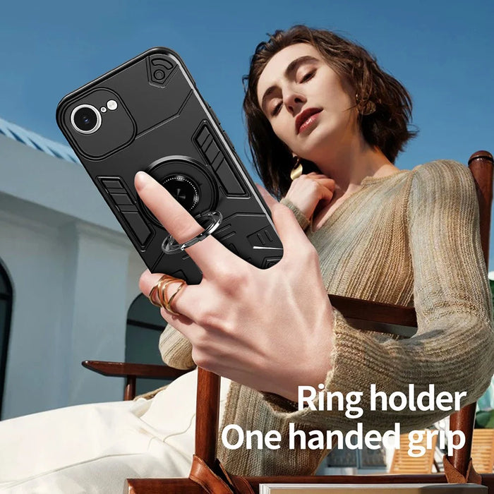 For iPhone 17e / 16e Case with Ring Holder Kickstand PC + TPU Anti-Fall Phone Cover - Black - 7