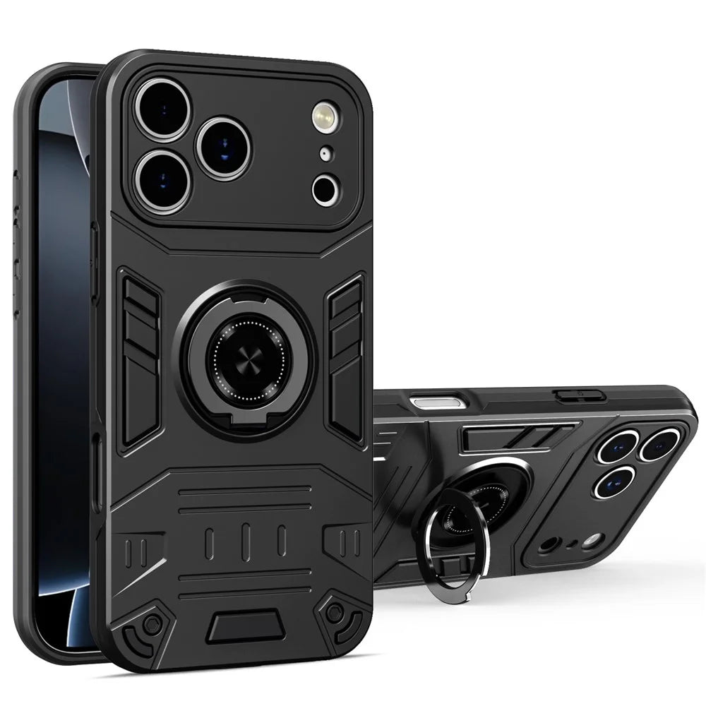 For iPhone 17 Pro Case with Ring Holder Kickstand PC + TPU Anti-Fall Phone Cover - Black - 1