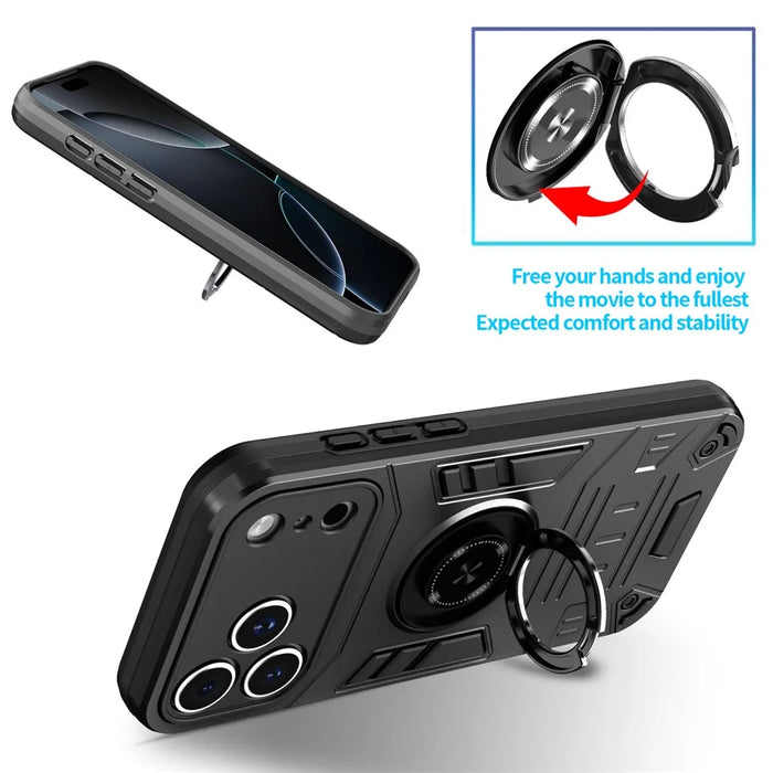 For iPhone 17 Pro Case with Ring Holder Kickstand PC + TPU Anti-Fall Phone Cover - Black - 5