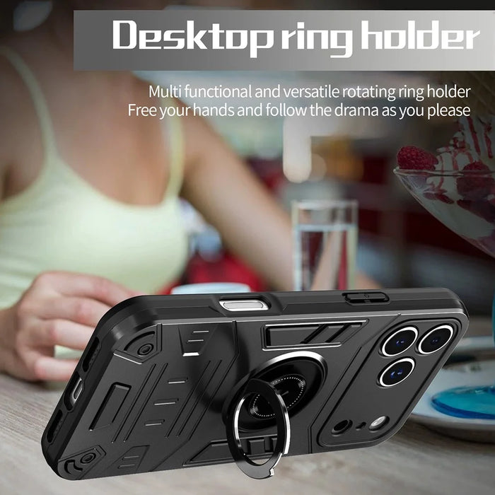 For iPhone 17 Pro Case with Ring Holder Kickstand PC + TPU Anti-Fall Phone Cover - Black - 6