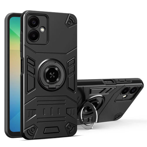 For Samsung Galaxy A06 4G Case with Ring Holder Kickstand PC + TPU Anti-Fall Phone Cover - Black - 1