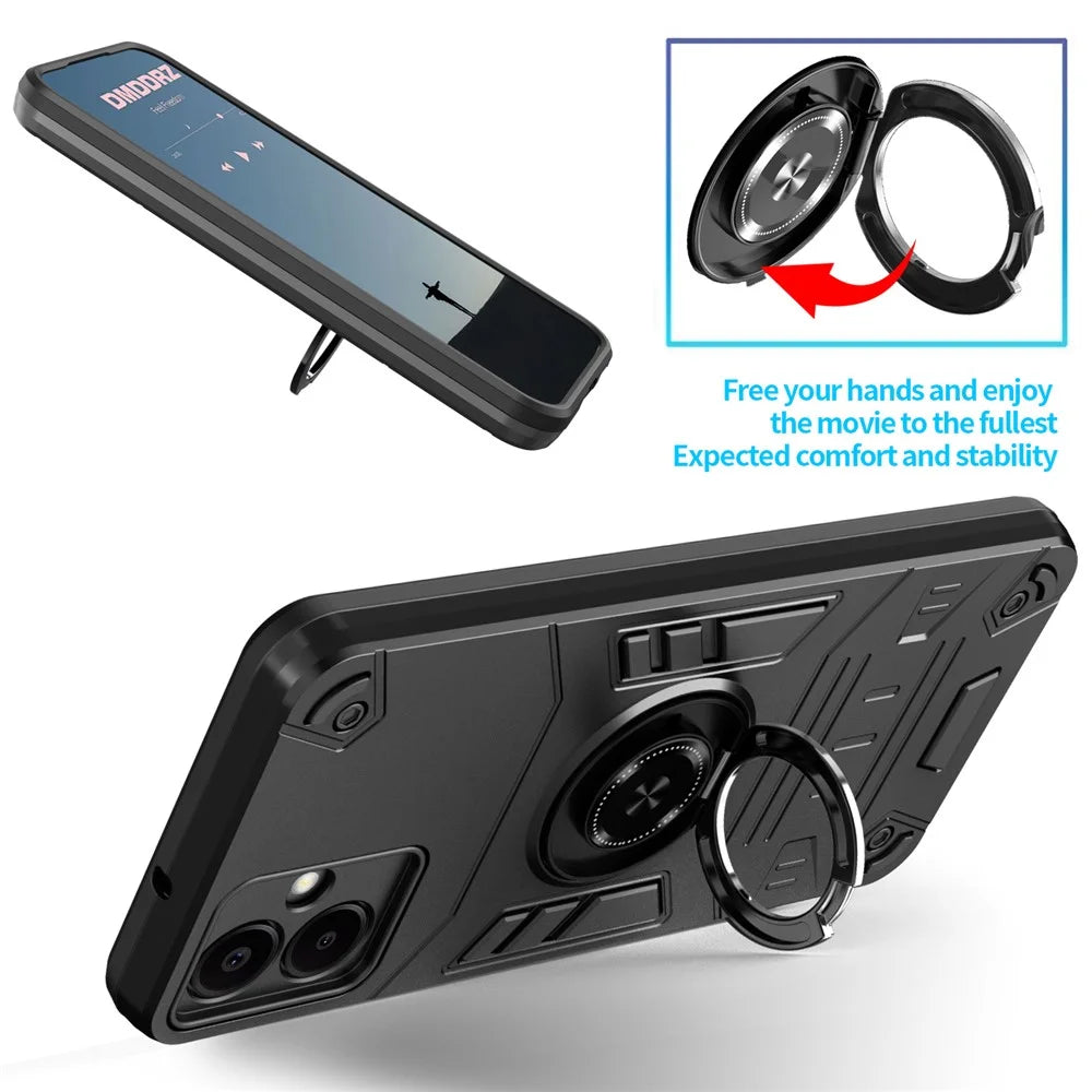 For Samsung Galaxy A06 4G Case with Ring Holder Kickstand PC + TPU Anti-Fall Phone Cover - Black - 4