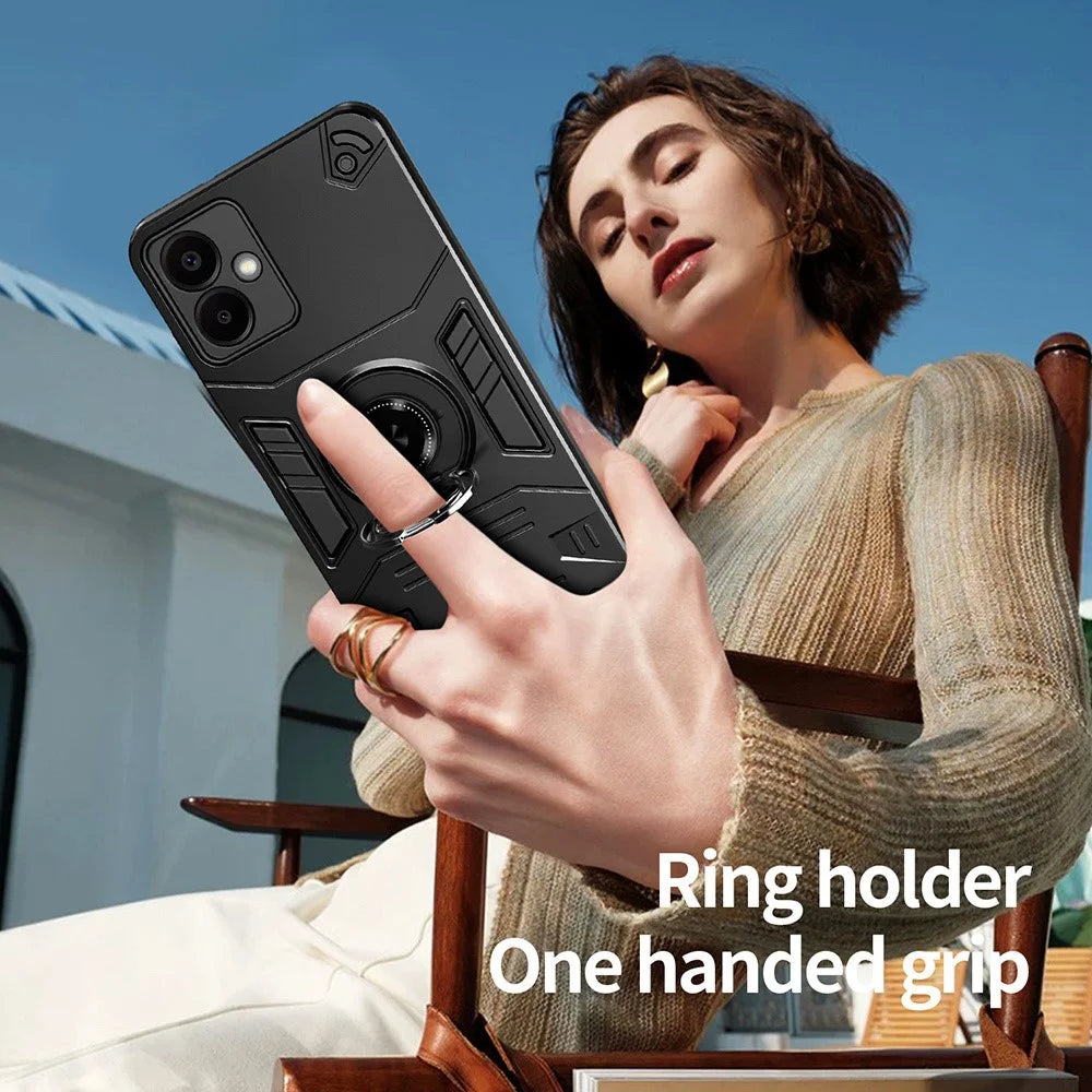For Samsung Galaxy A06 4G Case with Ring Holder Kickstand PC + TPU Anti-Fall Phone Cover - Black - 6