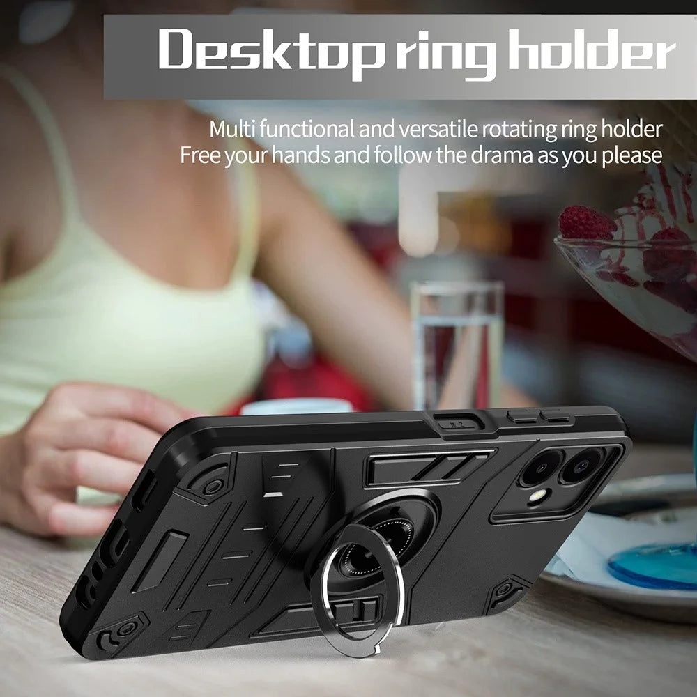 For Samsung Galaxy A06 5G Case with Ring Holder Kickstand PC + TPU Anti-Fall Phone Cover - Black - 5
