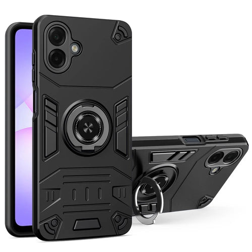 For Samsung Galaxy A08 5G / A08 4G / A07 4G Case with Ring Holder Kickstand PC + TPU Anti-Fall Phone Cover - Black - 1