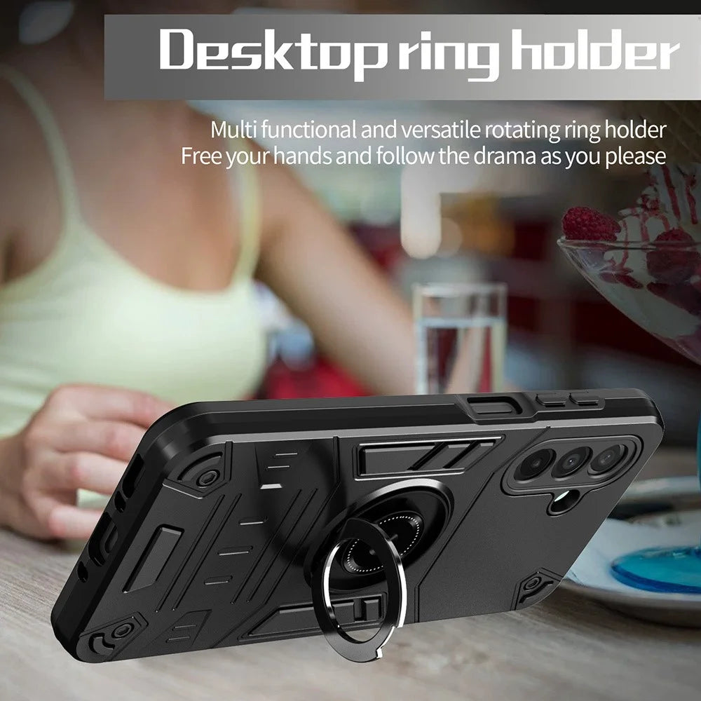 For Samsung Galaxy A36 5G Case with Ring Holder Kickstand PC + TPU Anti-Fall Phone Cover - Black - 6
