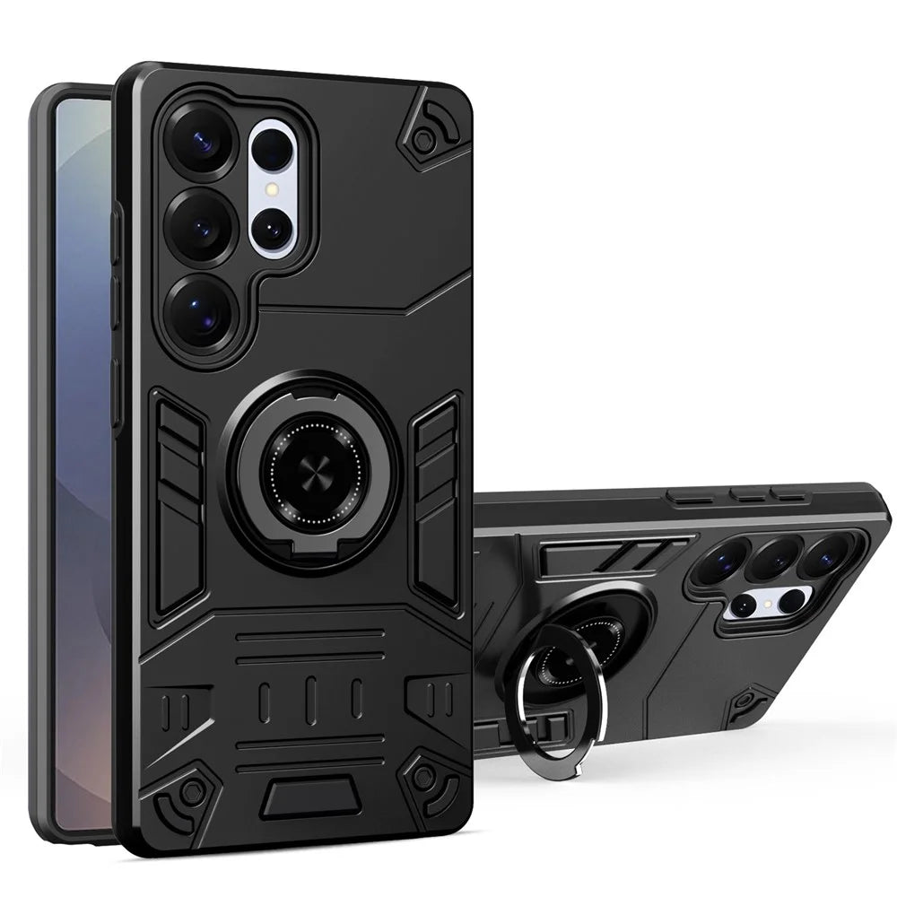 For Samsung Galaxy S25 Ultra Case with Ring Holder Kickstand PC + TPU Anti-Fall Phone Cover - Black - 1