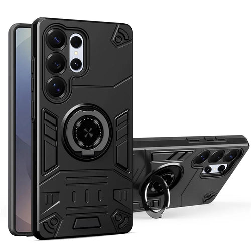 For Samsung Galaxy S25 Ultra Case with Ring Holder Kickstand PC + TPU Anti-Fall Phone Cover - Black - 1