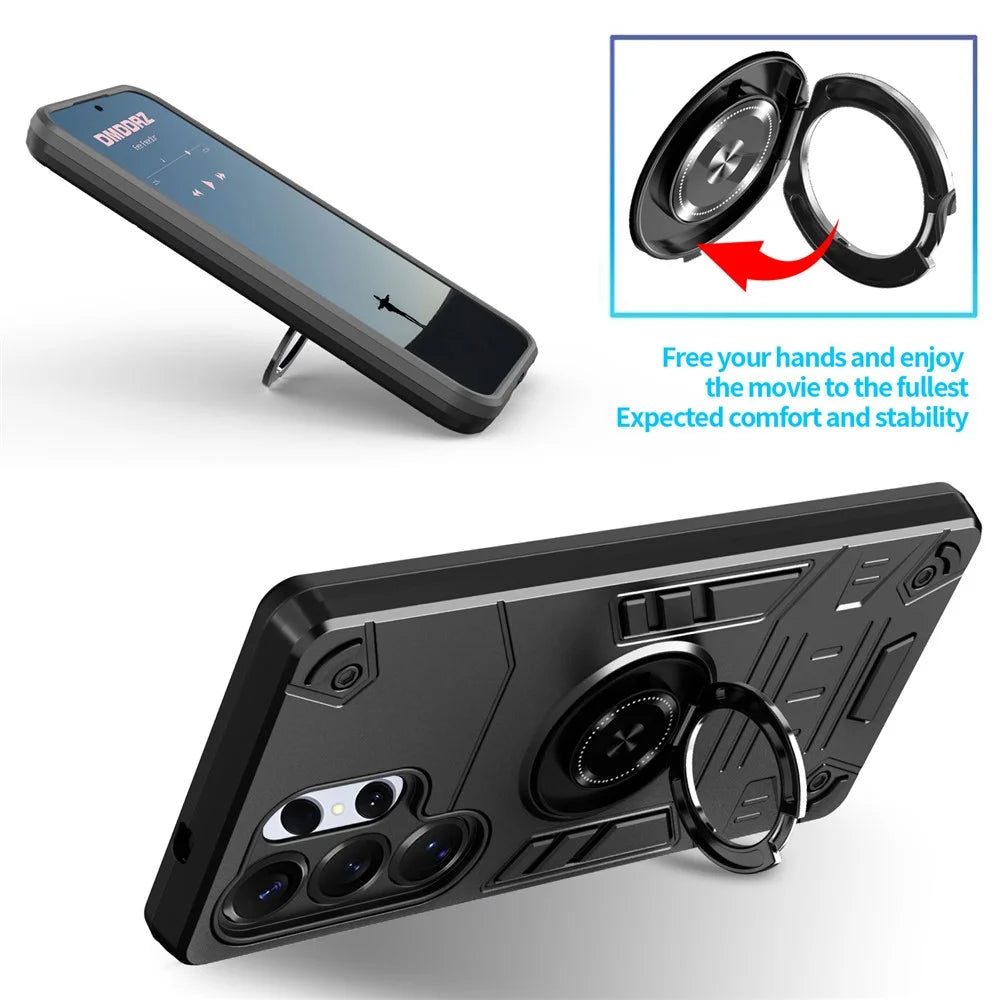 For Samsung Galaxy S25 Ultra Case with Ring Holder Kickstand PC + TPU Anti-Fall Phone Cover - Black - 5