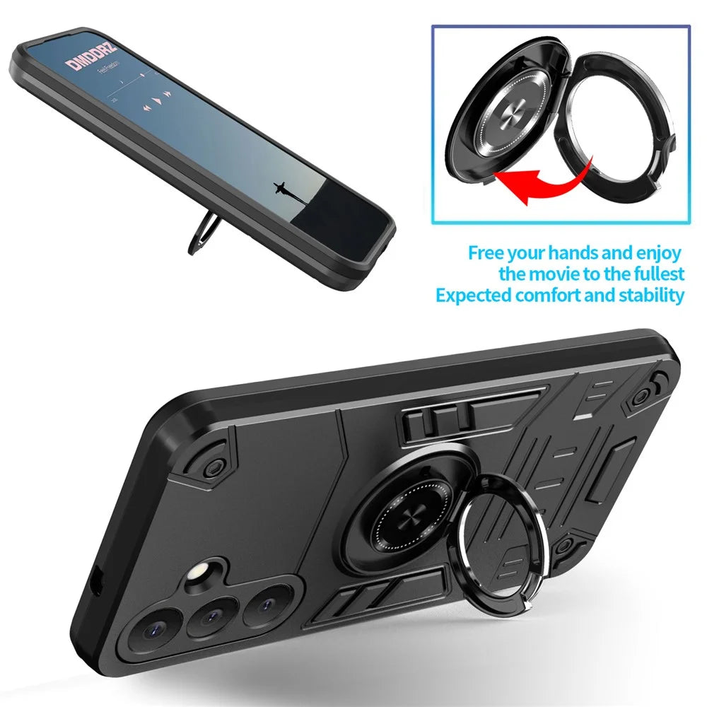 For Samsung Galaxy S25 FE Case with Ring Holder Kickstand PC + TPU Anti-Fall Phone Cover - Black - 4