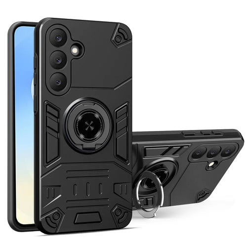 For Samsung Galaxy S25+ Case with Ring Holder Kickstand PC + TPU Anti-Fall Phone Cover - Black - 1