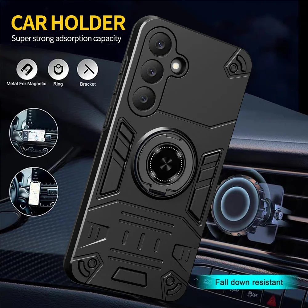 For Samsung Galaxy S25+ Case with Ring Holder Kickstand PC + TPU Anti-Fall Phone Cover - Black - 7