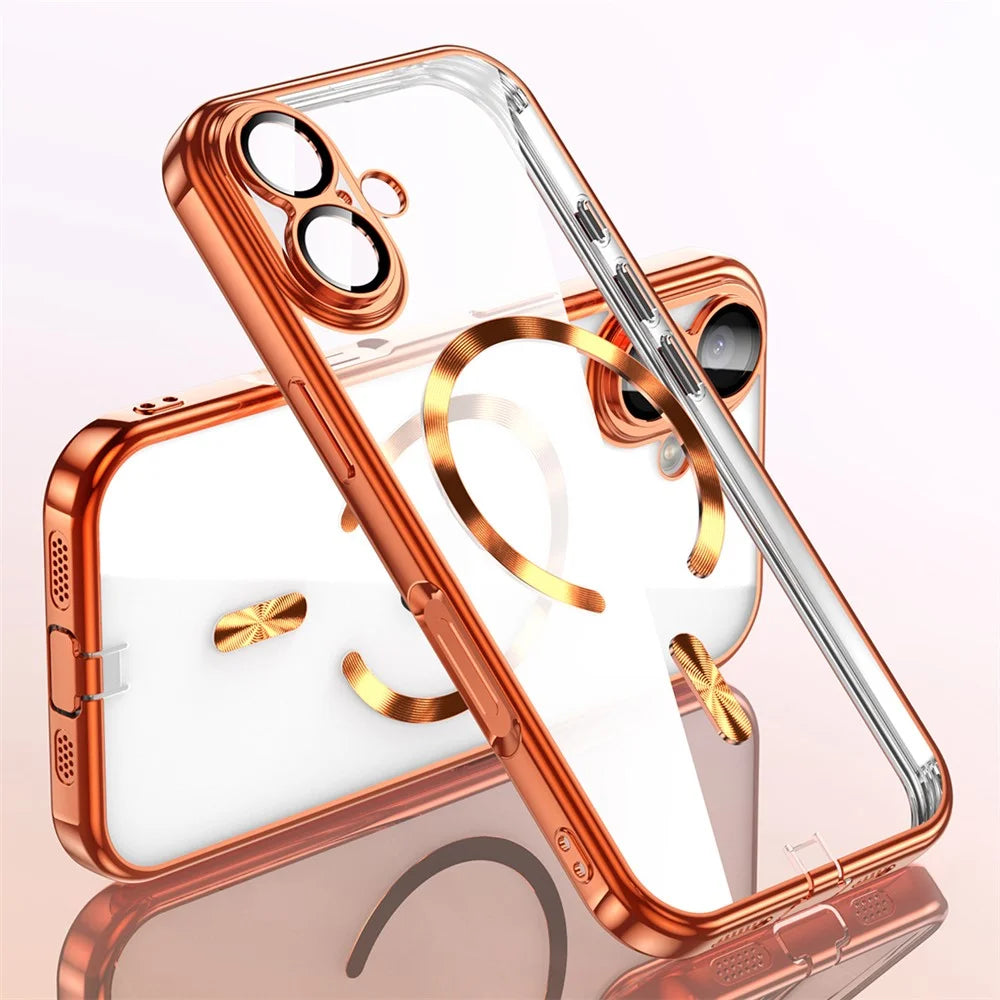 For iPhone 17 Case Electroplating Frame Translucent TPU Phone Cover Compatible with MagSafe - Orange - 1