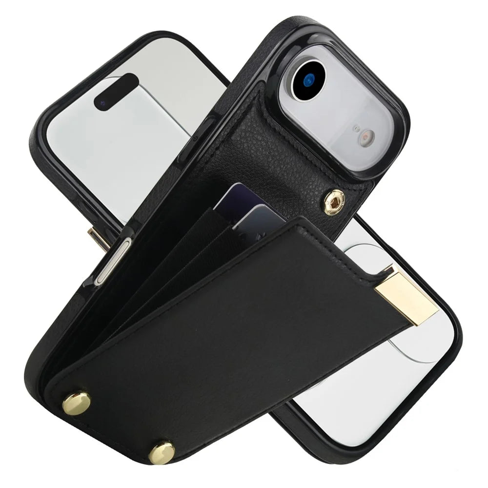 For iPhone Air Case TPU + PU Leather Hardware Decor Phone Cover with Card Holder - Black - 1