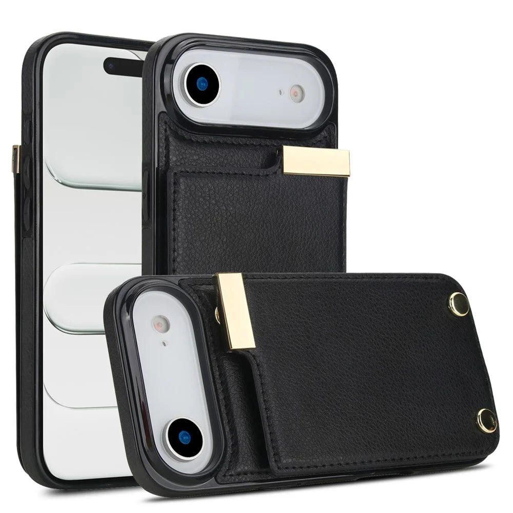For iPhone Air Case TPU + PU Leather Hardware Decor Phone Cover with Card Holder - Black - 2