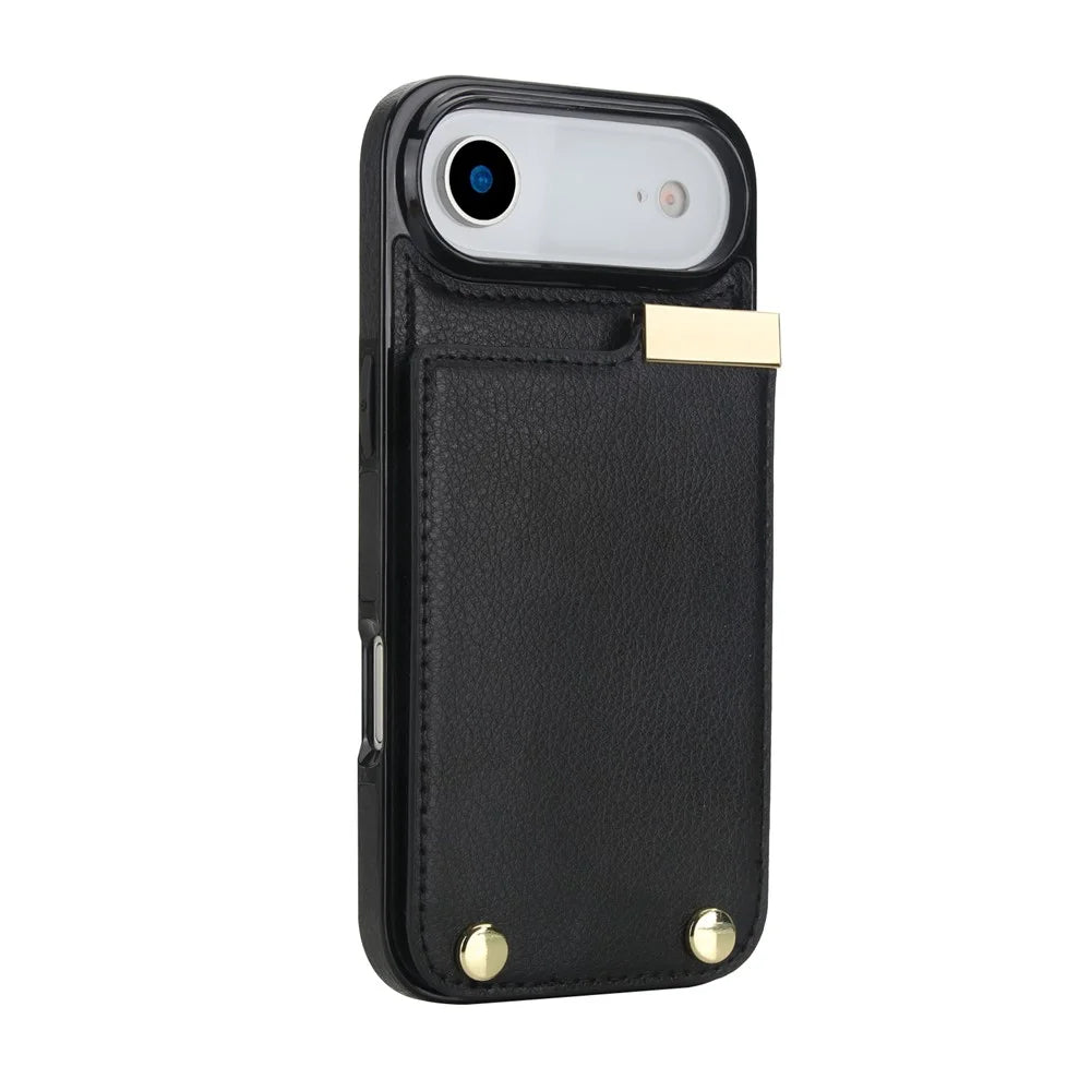 For iPhone Air Case TPU + PU Leather Hardware Decor Phone Cover with Card Holder - Black - 3