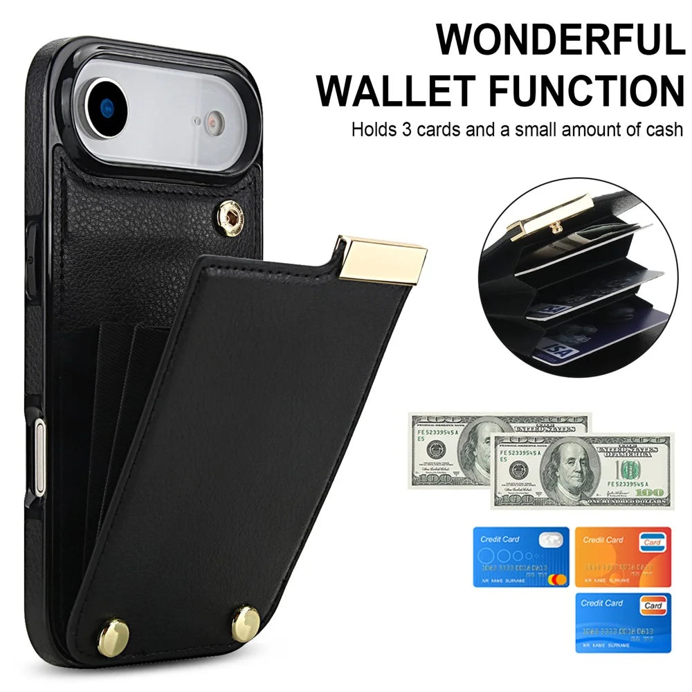 For iPhone Air Case TPU + PU Leather Hardware Decor Phone Cover with Card Holder - Black - 6