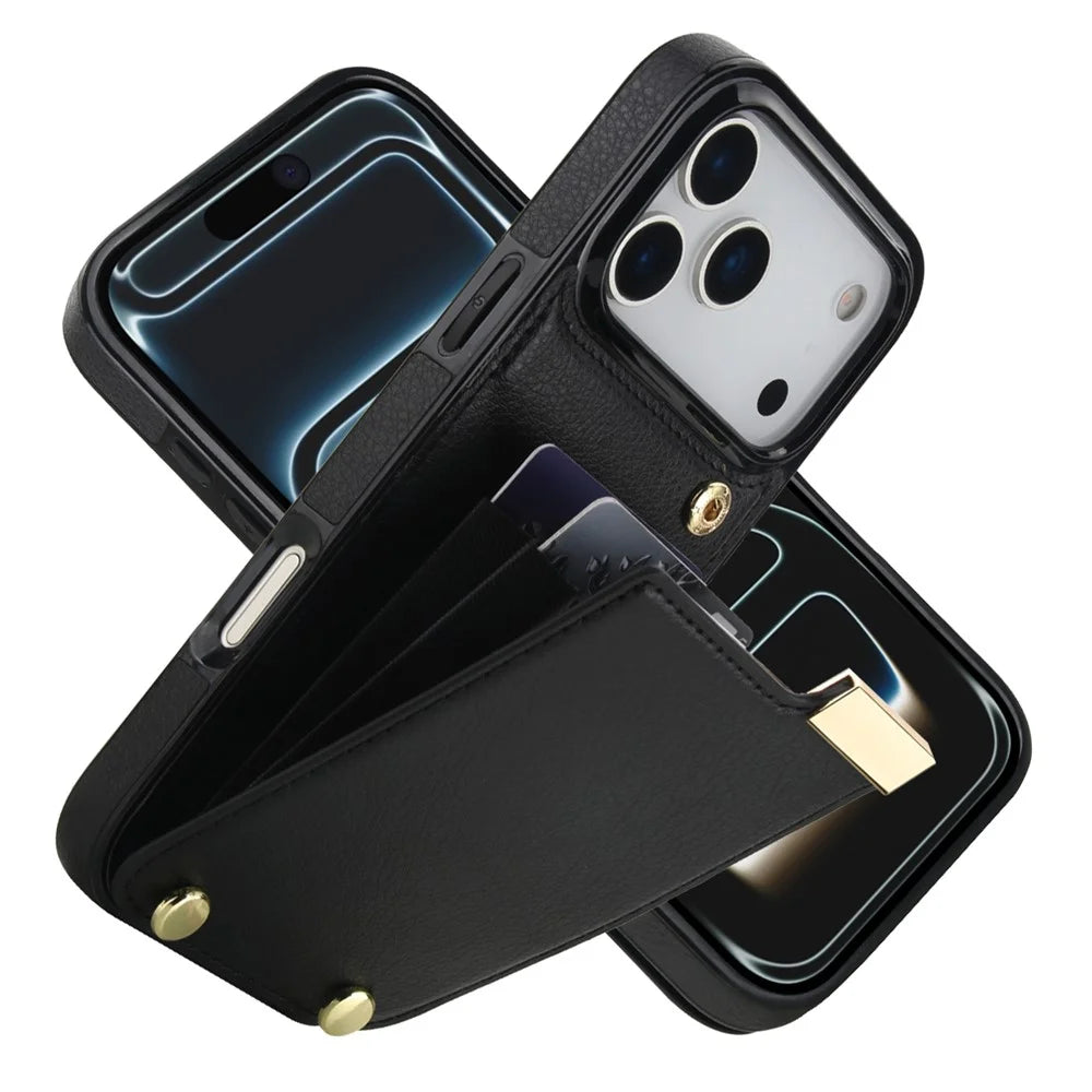 For iPhone 17 Pro Case TPU + PU Leather Hardware Decor Phone Cover with Card Holder - Black - 1
