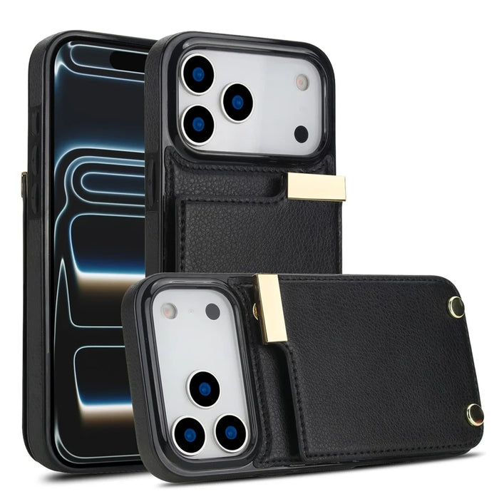 For iPhone 17 Pro Case TPU + PU Leather Hardware Decor Phone Cover with Card Holder - Black - 2