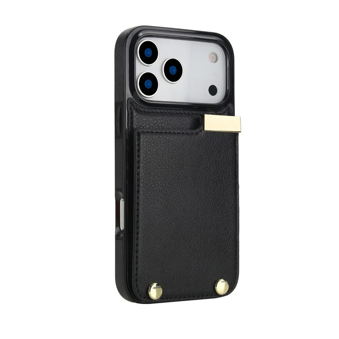 For iPhone 17 Pro Case TPU + PU Leather Hardware Decor Phone Cover with Card Holder - Black - 3