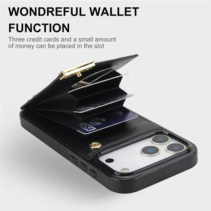 For iPhone 17 Pro Case TPU + PU Leather Hardware Decor Phone Cover with Card Holder - Black - 5