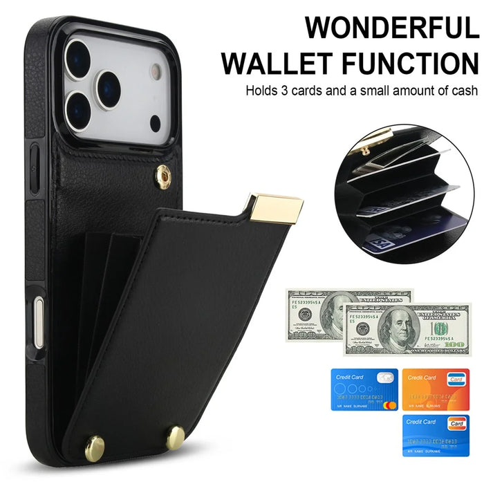 For iPhone 17 Pro Case TPU + PU Leather Hardware Decor Phone Cover with Card Holder - Black - 6
