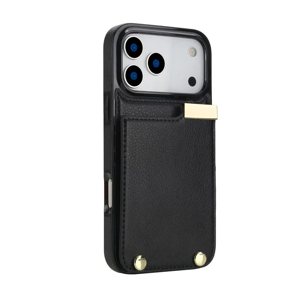 For iPhone 17 Pro Max Case TPU + PU Leather Hardware Decor Phone Cover with Card Holder - Black - 3