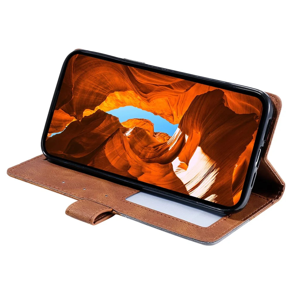 For Samsung Galaxy S25 FE Case Imprinted Lines PU Leather Splicing Wallet Phone Cover - Brown - 3