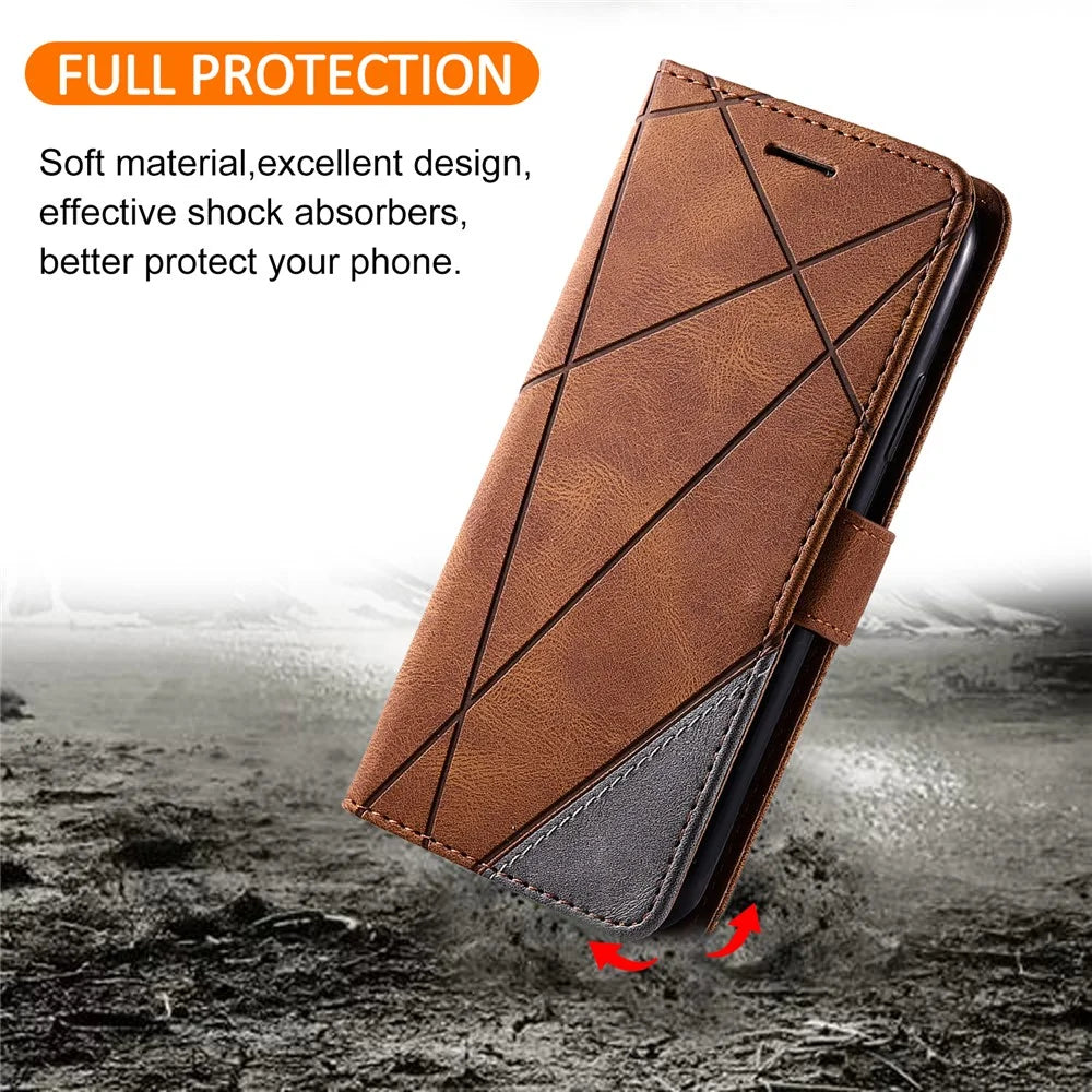 For Samsung Galaxy S25 FE Case Imprinted Lines PU Leather Splicing Wallet Phone Cover - Brown - 6