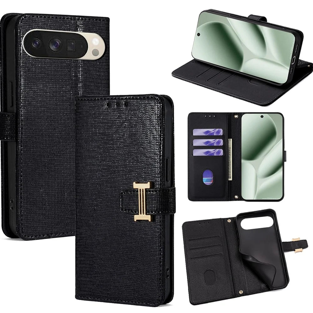 For Google Pixel 10 Case Metal I-Buckle PU Leather Wallet Phone Cover - Black - 1