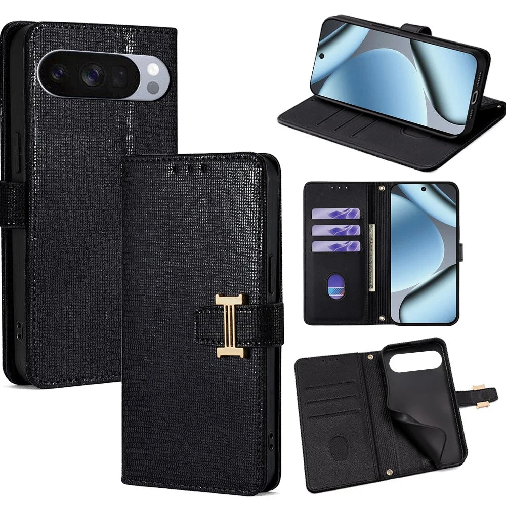 For Google Pixel 10 Pro XL Case Metal I-Buckle PU Leather Wallet Phone Cover - Black - 1