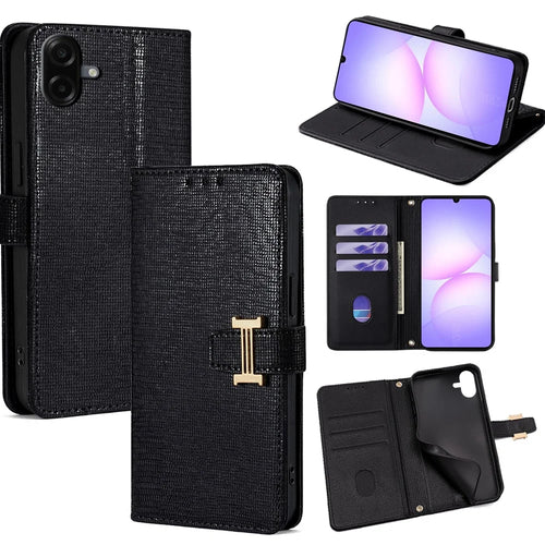 For Samsung Galaxy A08 5G / A08 4G / A07 4G Case Metal I-Buckle PU Leather Wallet Phone Cover - Black - 1
