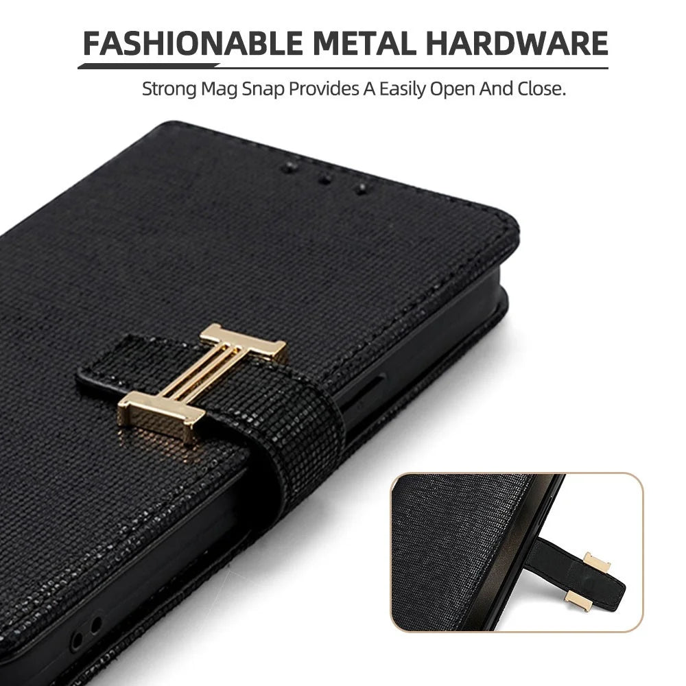 For Samsung Galaxy A08 5G / A08 4G / A07 4G Case Metal I-Buckle PU Leather Wallet Phone Cover - Black - 5