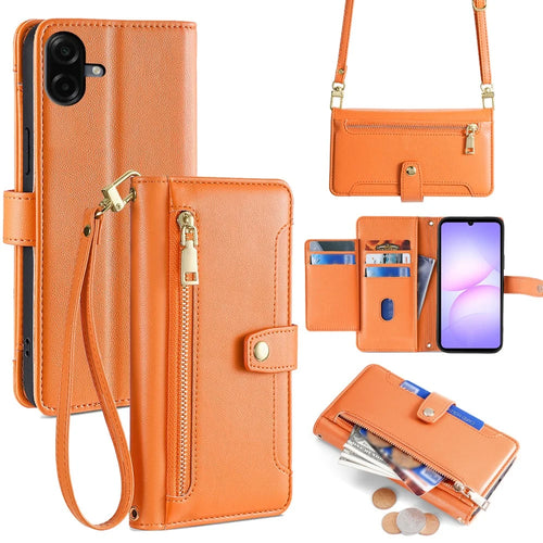 For Samsung Galaxy A08 5G / A08 4G / A07 4G Leather Case Zipper Pocket Wallet Phone Cover with 2 Straps - Orange - 1