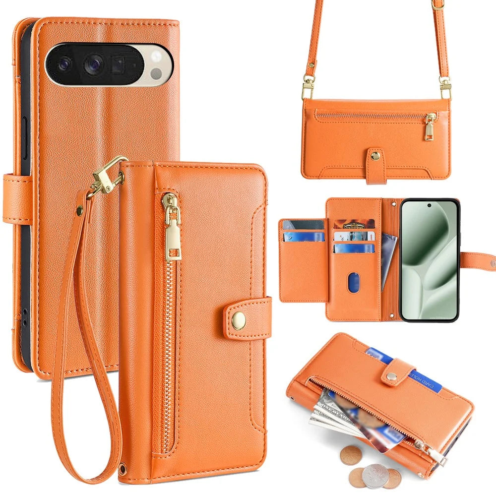 For Google Pixel 10 Leather Case Zipper Pocket Wallet Phone Cover with 2 Straps - Orange - 1