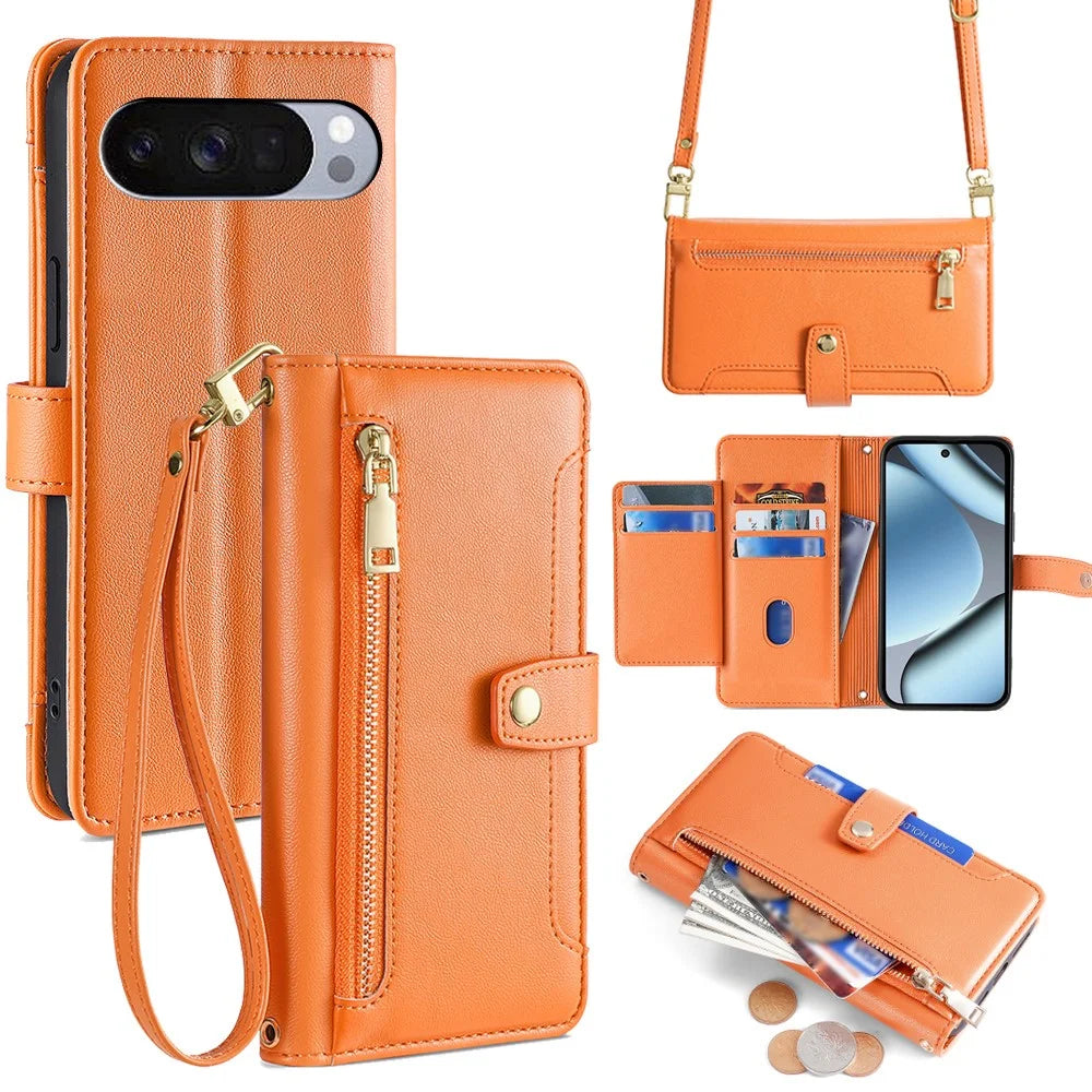For Google Pixel 10 Pro XL Leather Case Zipper Pocket Wallet Phone Cover with 2 Straps - Orange - 1