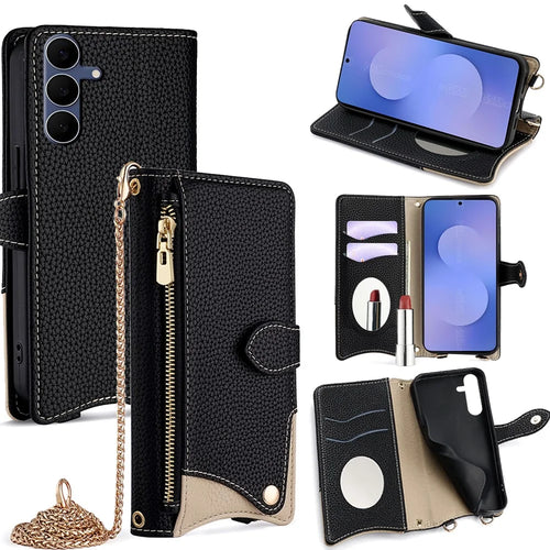 For Samsung Galaxy S25 FE Leather Case Wallet Stand Cover Irregular Tail Style with Chain Strap - Black - 1
