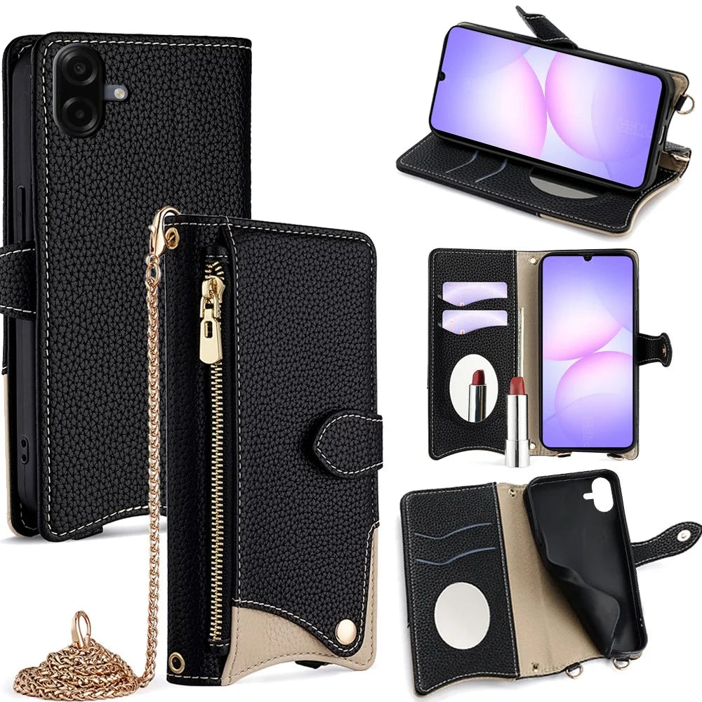 For Samsung Galaxy A08 5G / A08 4G / A07 4G Leather Case Wallet Stand Cover Irregular Tail Style with Chain Strap - Black - 1