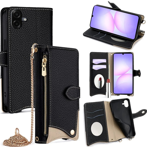 For Samsung Galaxy A08 5G / A08 4G / A07 4G Leather Case Wallet Stand Cover Irregular Tail Style with Chain Strap - Black - 1